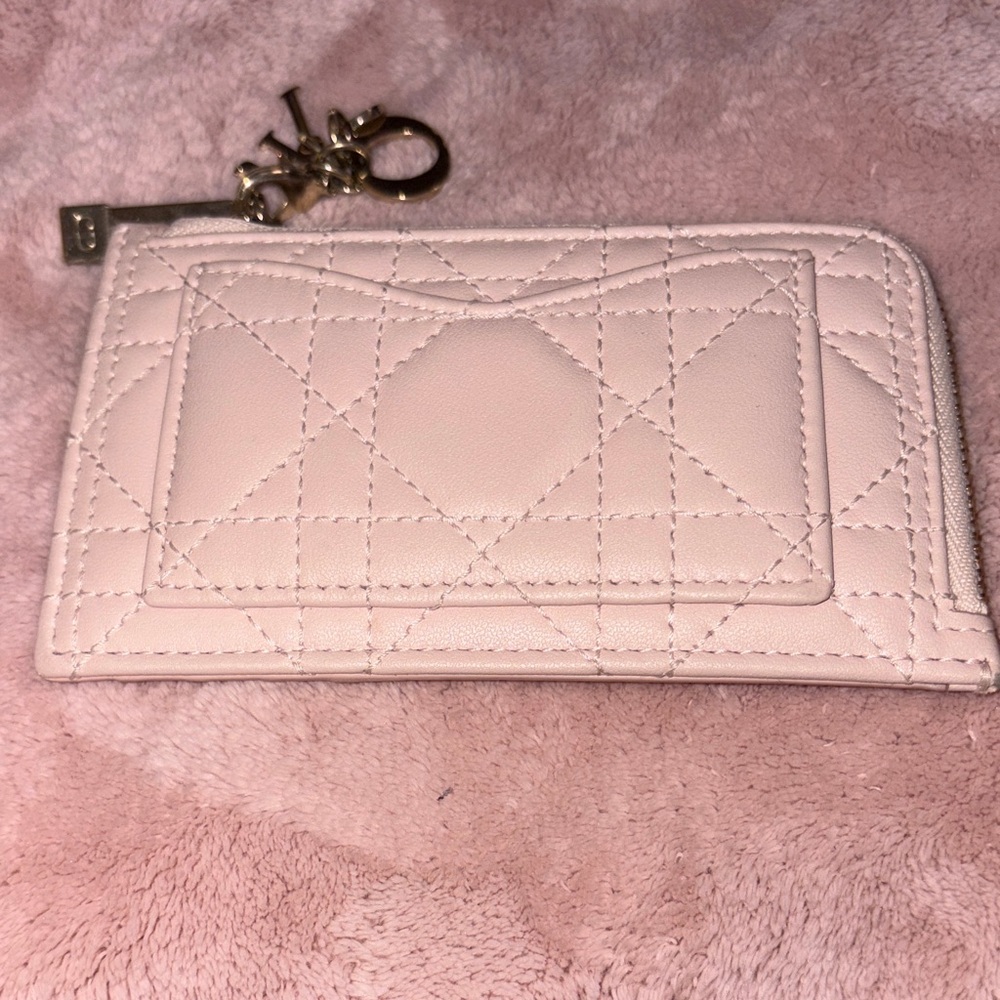 Dior Quilted Light Pink Zip Card Holder with Charm